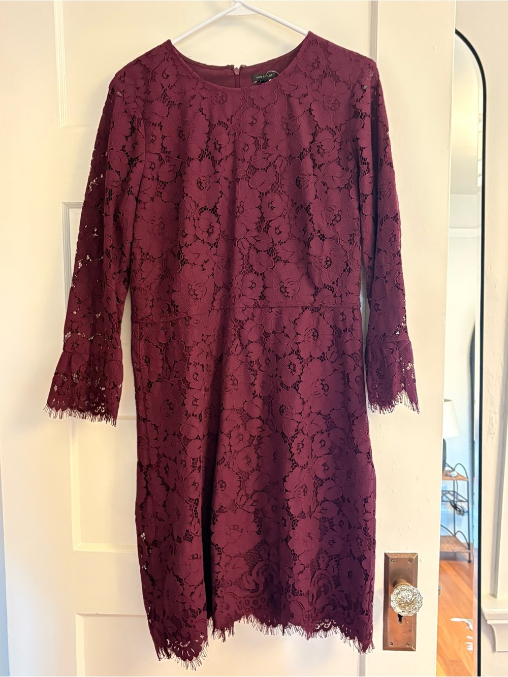 Ann Taylor Burgundy Lace Sheath Dress with Scalloped Edges